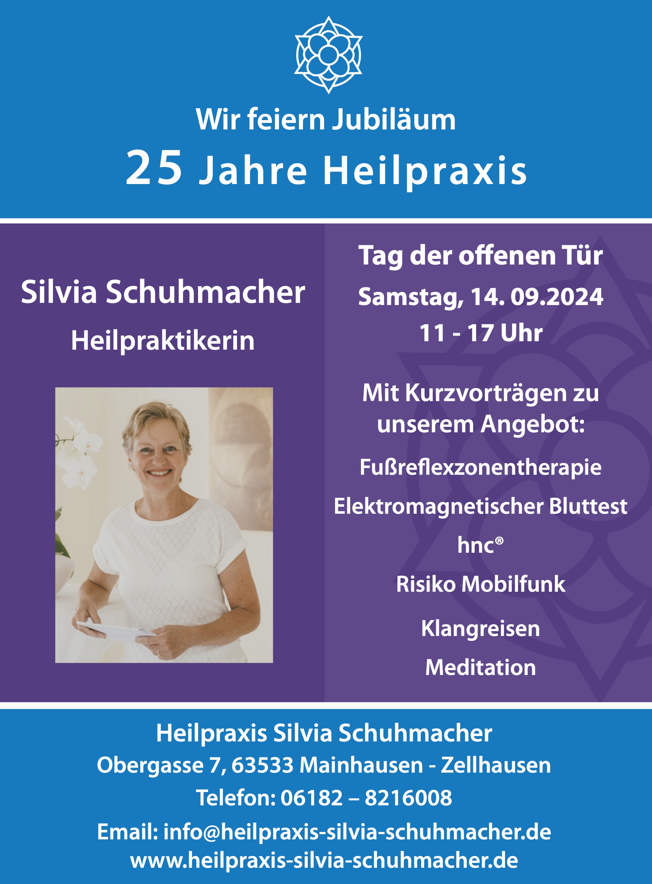 Wir feiern Jubiläum. 25 Jahre Heilpraxis Silvia Schuhmacher. Tag der offenen Tür am 14.9.24 von 11 bis 17 Uhr